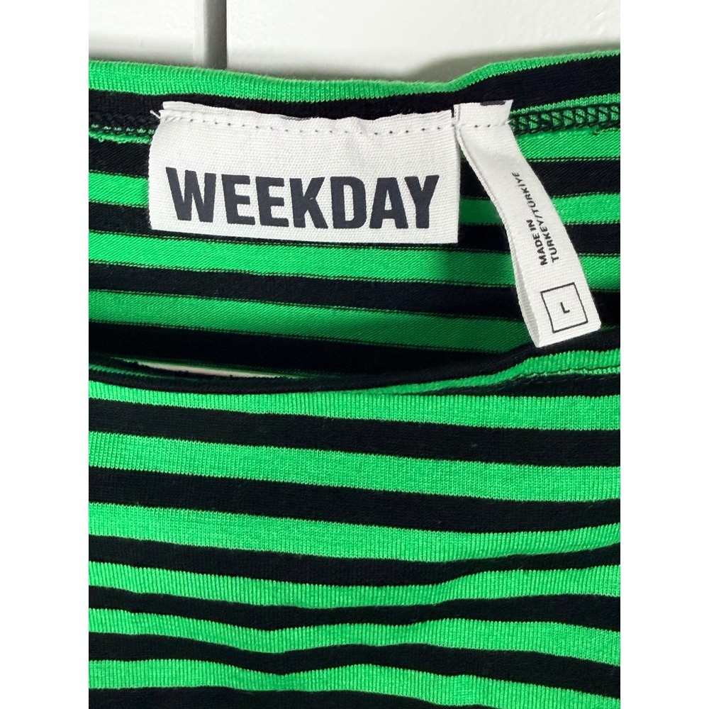 Weekday Womens Green Black Striped Sleeveless Boat Neck Lyocell Top Sz Large - Picture 3 of 5